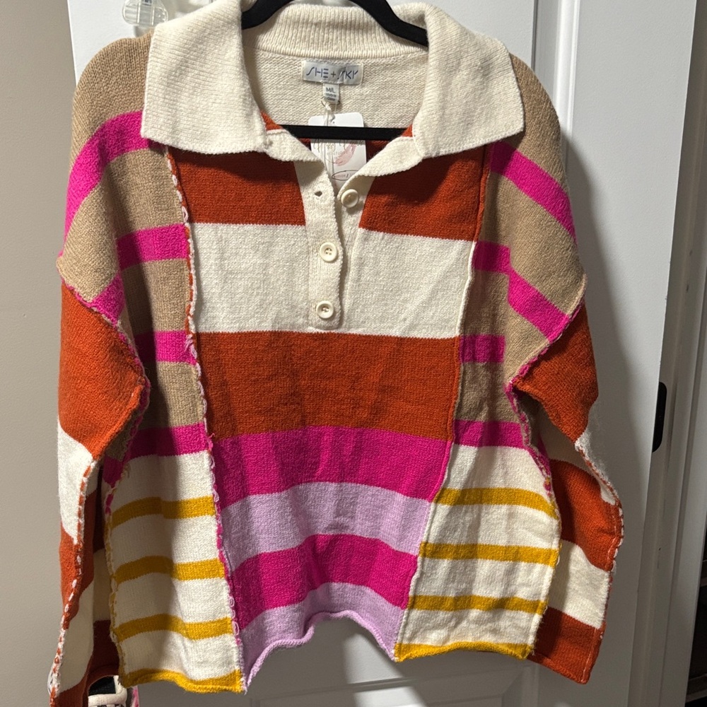 She + Sky Pink and Orange Crew Neck Sweater